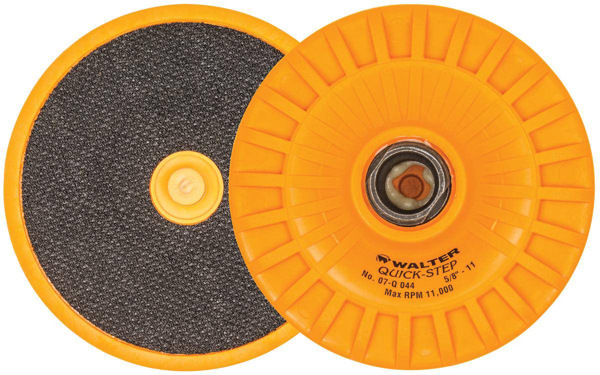 WALTER Quick-Step backup pads 4-1/2x5/8-11 for grinding and polishing tools, showing the pad surface and attachment side.