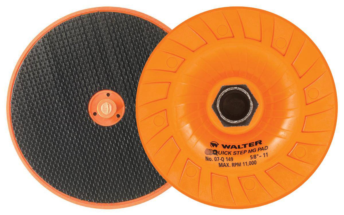 WALTER Quick-Step backup pads with 4-1/2 inch diameter and 5/8-11 thread for grinding and polishing tools.
