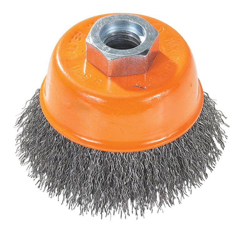 WALTER 13D304 3-inch 5/8-11 cup brush for grinding and surface preparation, shown with bristles and threaded shank.