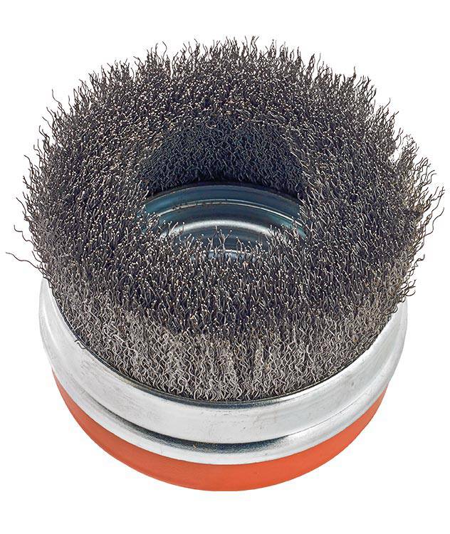 WALTER 13D324 crimped cup brush, 3-inch diameter with 5/8-11 threaded arbor, used for grinding and surface preparation.