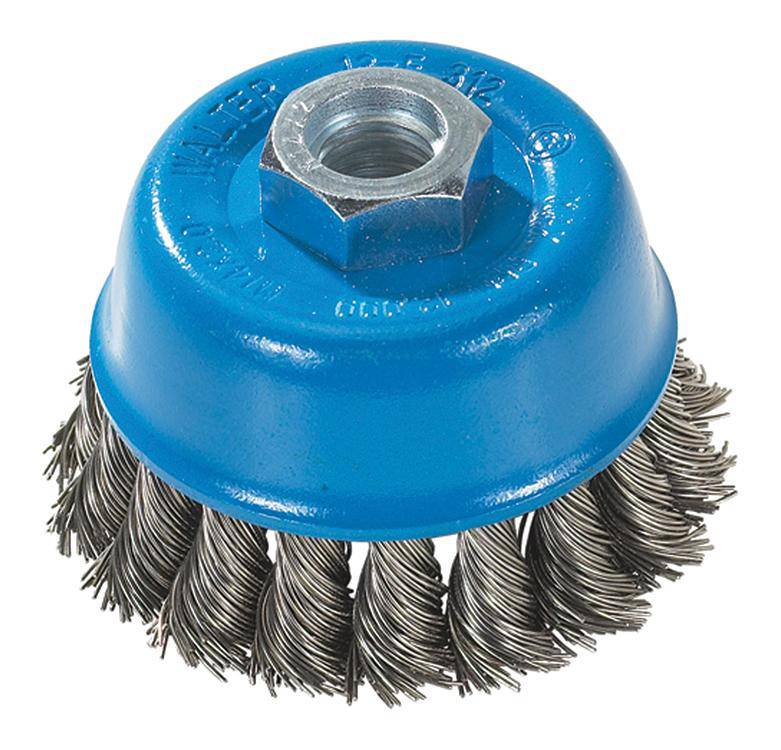 WALTER 13F314 3-inch stainless steel cup brush with 5/8-11 threaded arbor for cleaning and surface preparation.