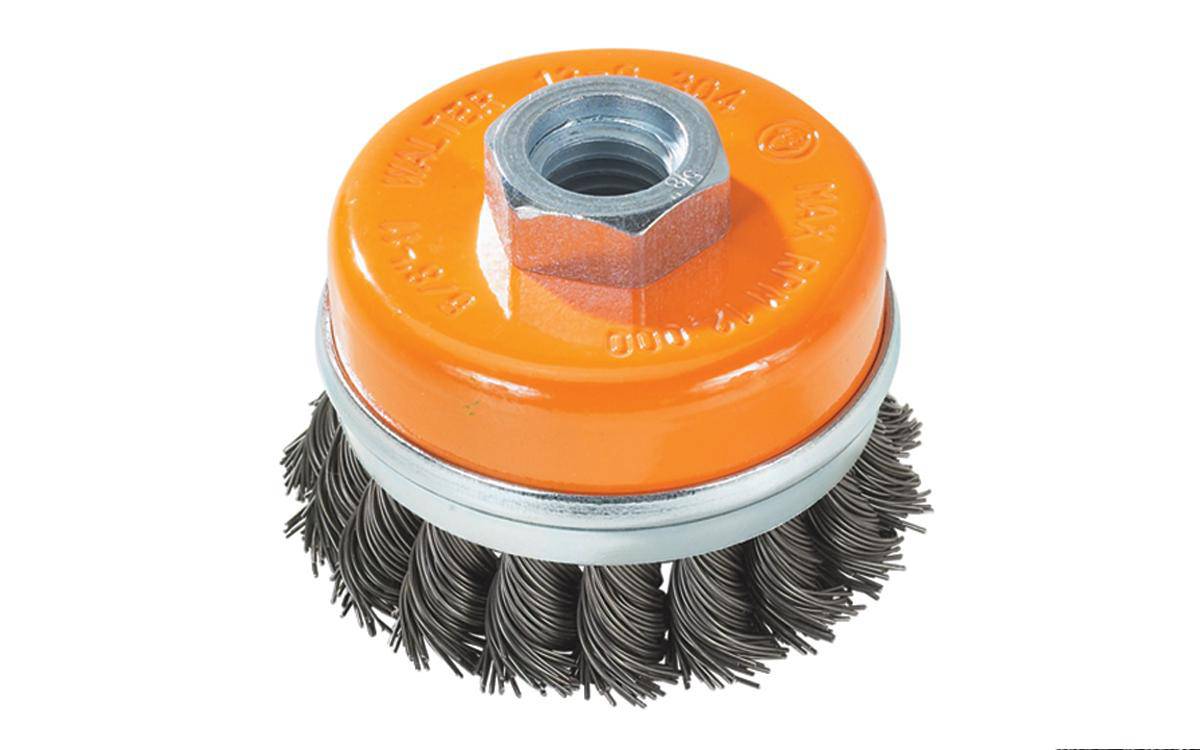 WALTER 13G304 3-inch wire cup brush with 5/8-11 threaded arbor for cleaning and surface preparation.