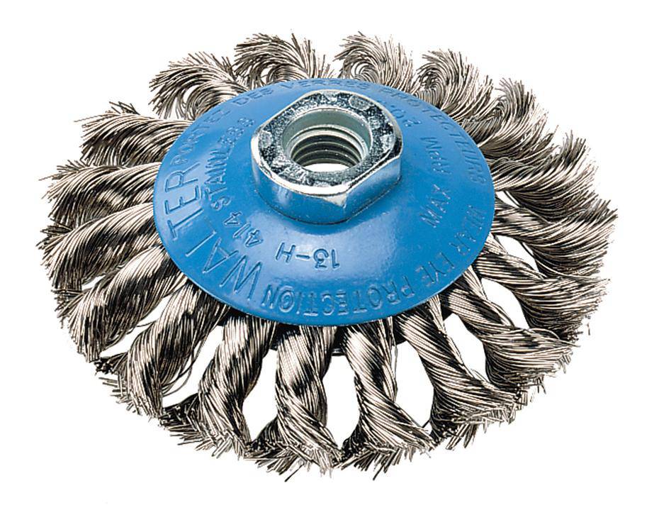 WALTER 13H414 4x5/8 inch stainless steel saucer cup brush for cleaning and scrubbing industrial surfaces.