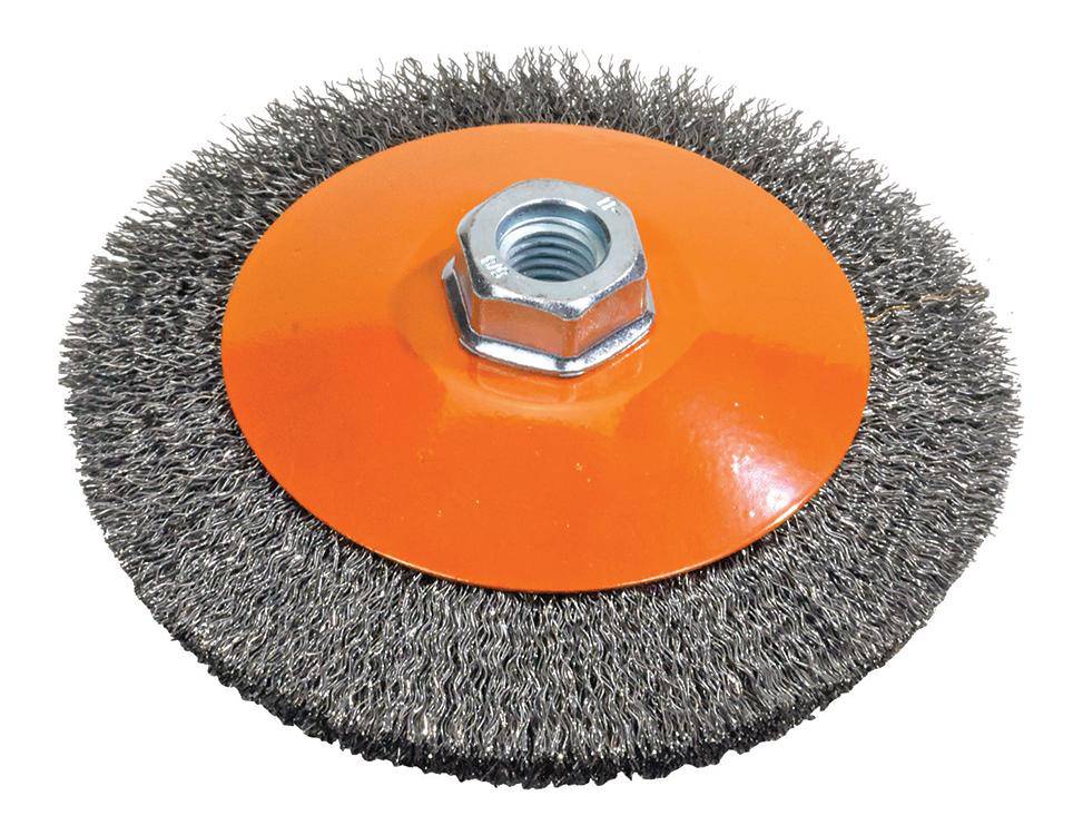 WALTER 13H654 crimped wire saucer-cup brush with 6 x 5/8 inch bristles, designed for cleaning and surface preparation.