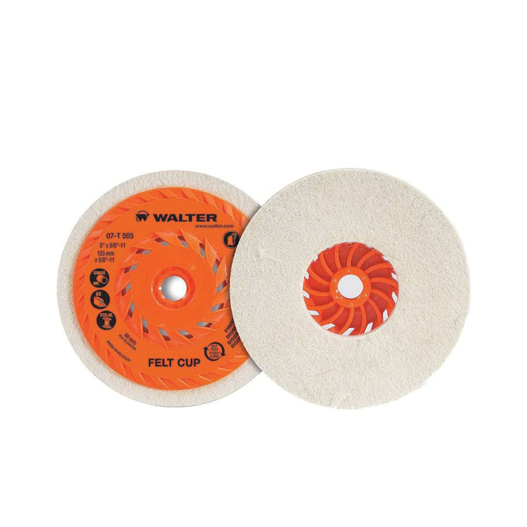 Walter 07T505 felt cup buff disc, 5 x 5/8-11 size, used for polishing and buffing metal surfaces.