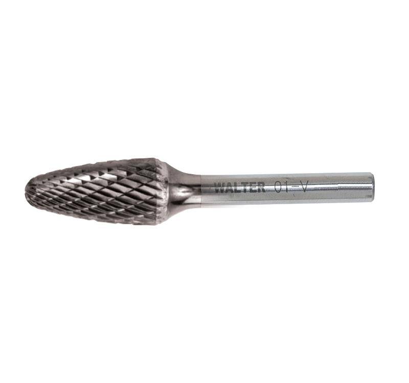 Walter 01V016 carbide burr for aluminum, tool for metal grinding and shaping, shown in close-up view.