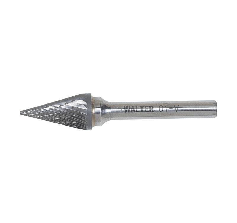 WALTER 01V018 carbide burr tool for grinding and shaping metal, shown in close-up view on a white background.