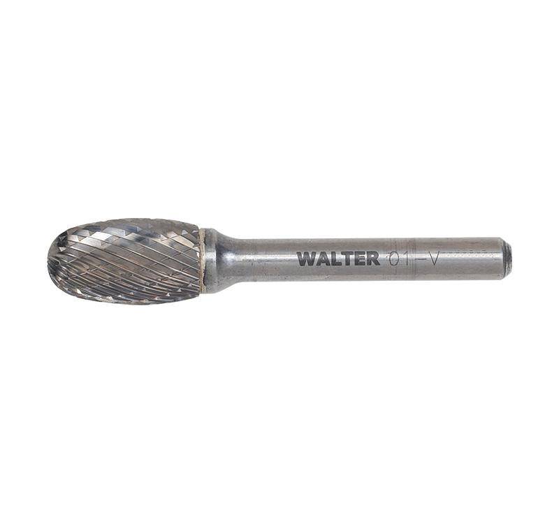 WALTER 01V028 carbide burr for grinding and shaping metal, featuring a durable carbide cutting head with precision design.