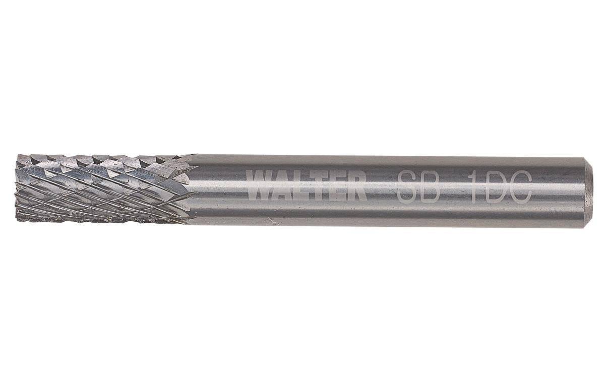 WALTER 01V056 Carbide Burr SB-1 DC for metal grinding and shaping, shown in close-up with textured cutting surface.