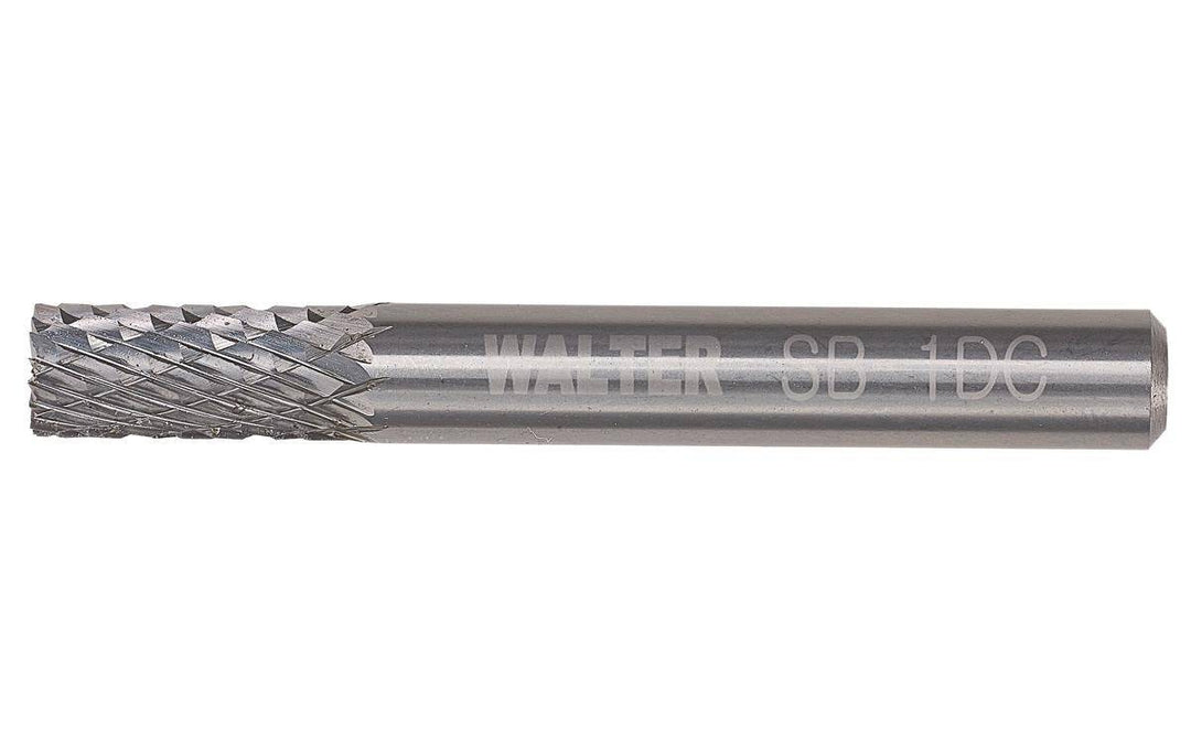 WALTER 01V057 carbide burr SB-3 DC for metal grinding and shaping, shown in close-up with metallic surface in background.