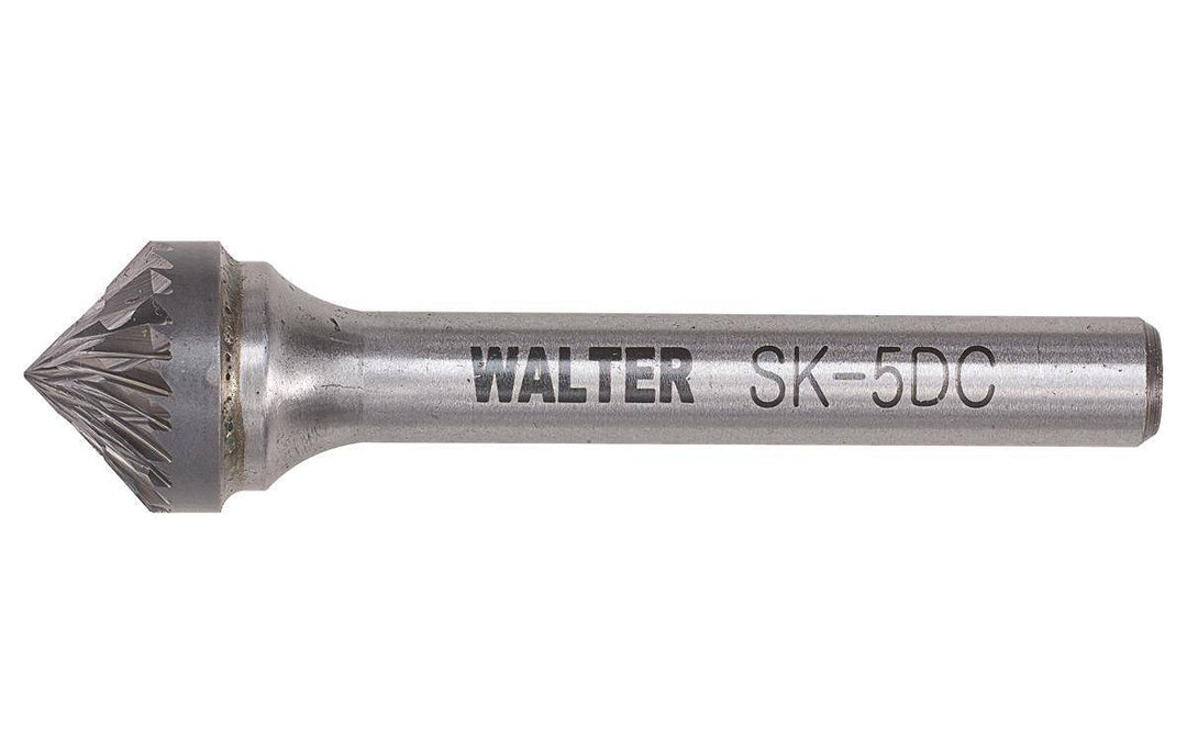 WALTER 01V068 carbide burr SK-5 DC for metal grinding and shaping, shown in close-up with sharp cutting edges.