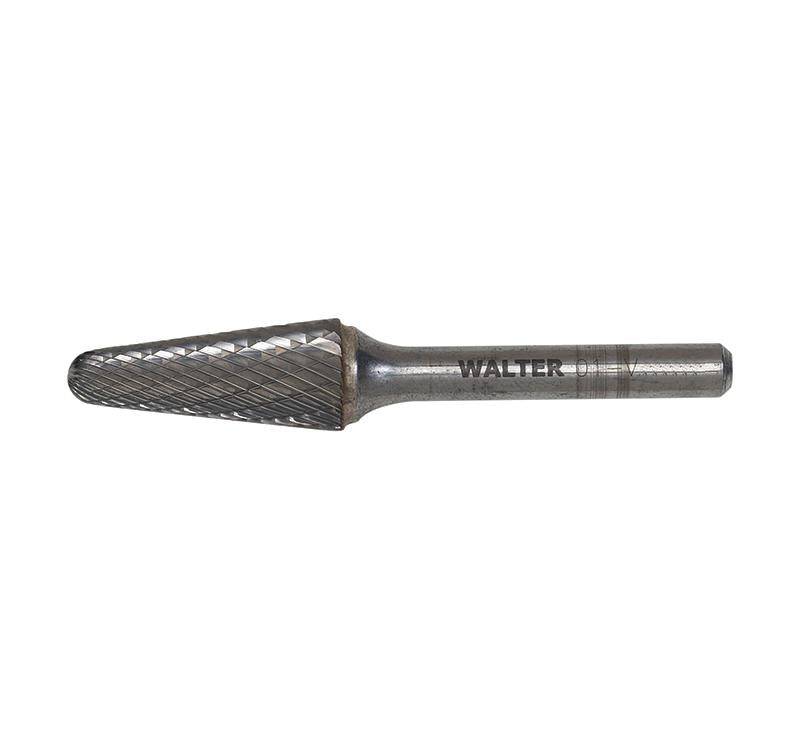 WALTER 01V069 Carbide Burr SL-4 NF for metal grinding and shaping, shown in close-up with sharp cutting edges.