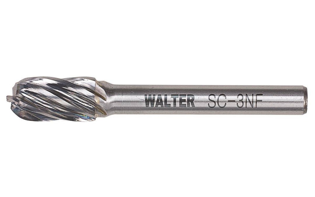WALTER 01V605 carbide burr for grinding and shaping metal, with a cylindrical shape and durable carbide cutting edges.