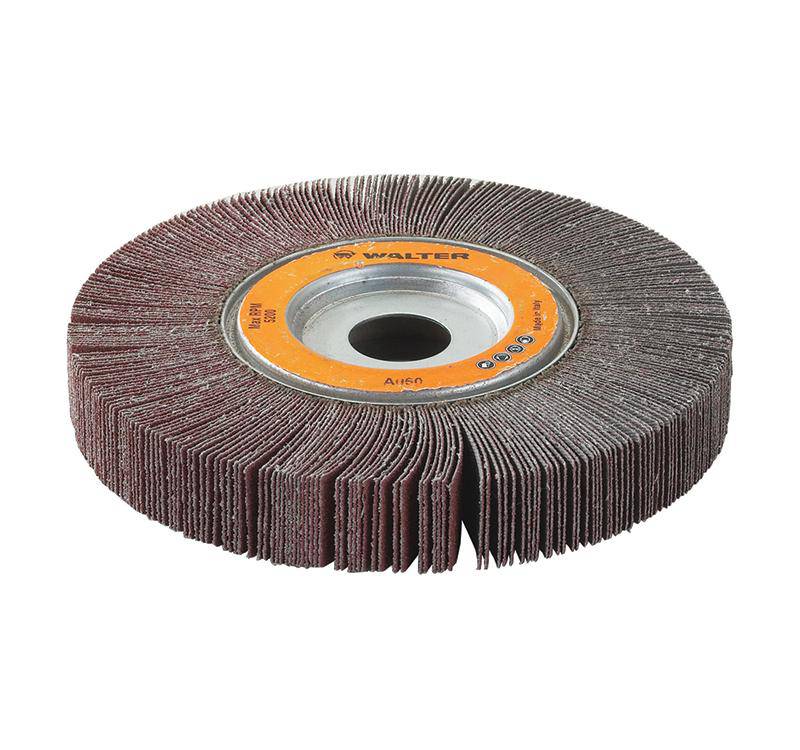 Walter 15G206 6.5-inch aluminum oxide flap wheel with center hole, 60 grit, mounted for grinding and finishing applications.