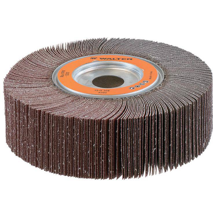 Walter 15G308 aluminum oxide flap wheel, 6-1/2 inch diameter, 2 inch width, 80 grit, center hole mounted for grinding and polishing.