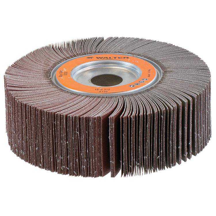 Walter 15G312 6.5x2x1 inch aluminum oxide flap wheel with center hole, 120 grit, mounted for grinding and finishing applications.