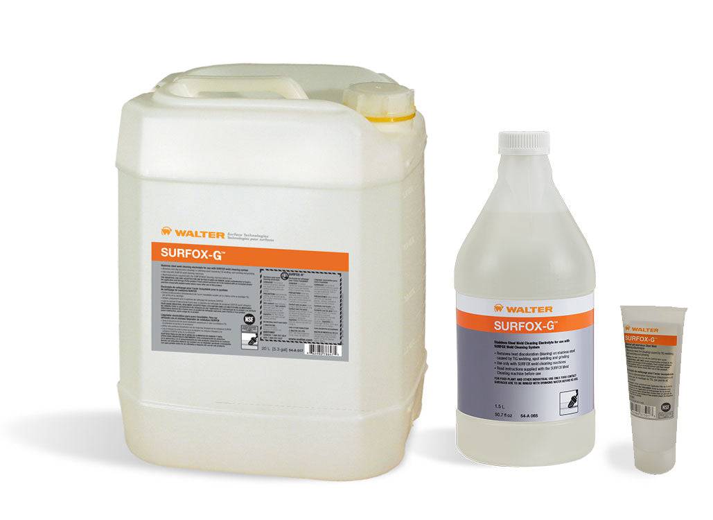 Walter Surfox 54A067 welding G Tig weld cleaning solution 20L container showing the label and container from a front view.
