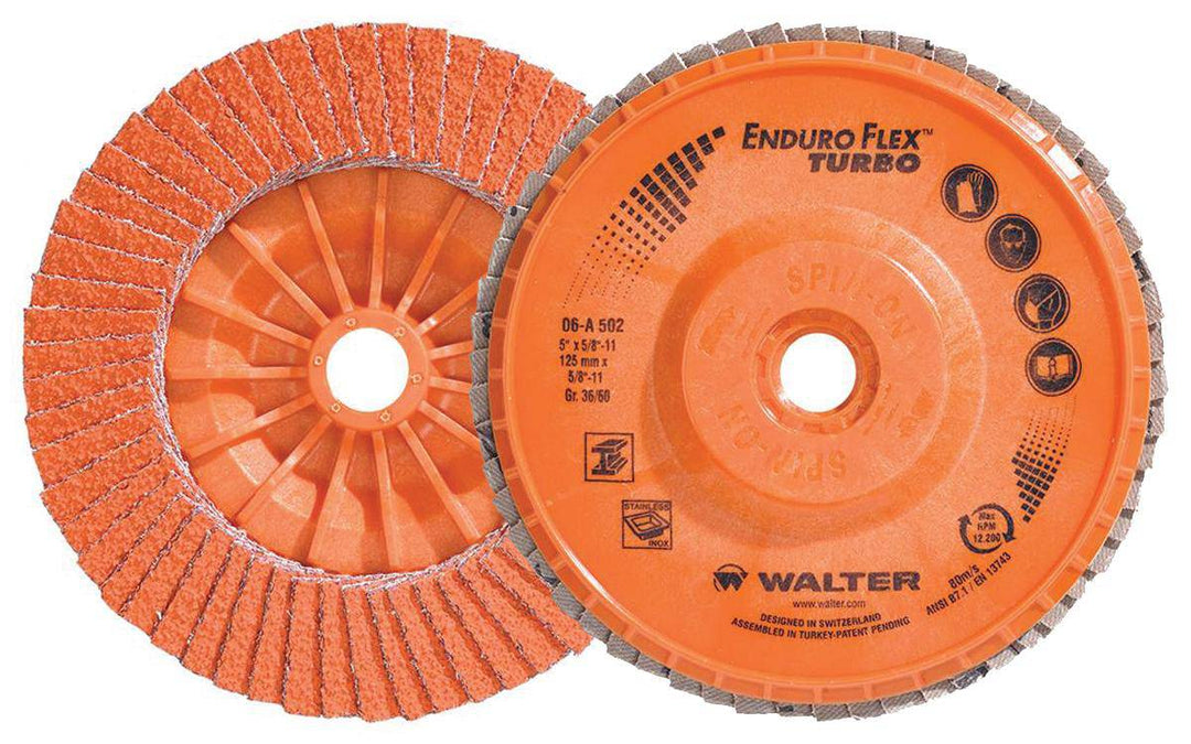 Walter Enduro-Flex 06-A 502 Type 27 Turbo Flap Disc, 5-inch, 36/60 grit, for grinding and finishing applications.