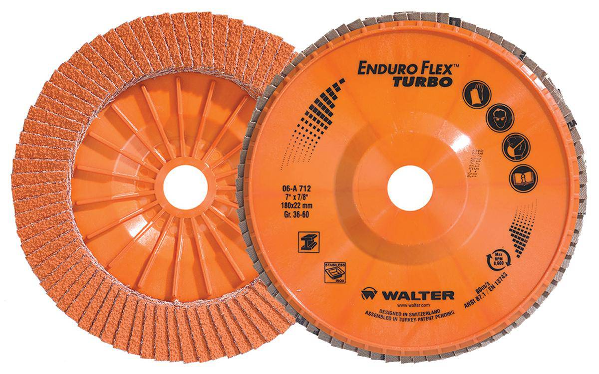 WALTER 06A712 7-inch Type 27 enduro-flex turbo flap disc with 36/60 grit for grinding and finishing metal surfaces.