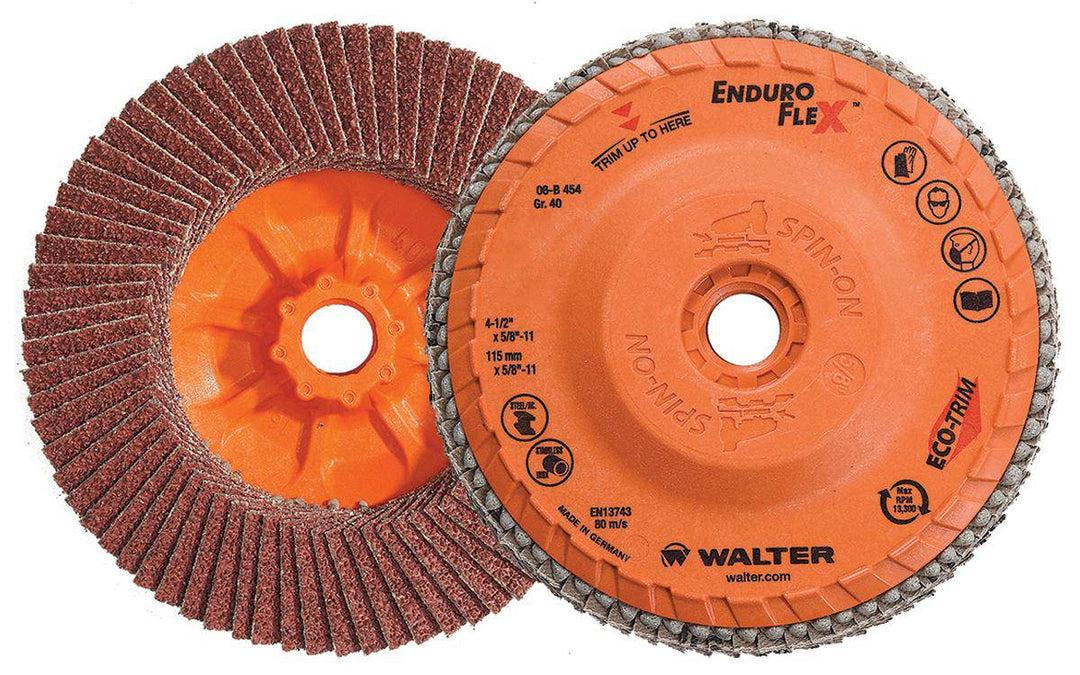 WALTER Enduro-Flex 06-B 454 Type 27S zirconia alumina flap disc, 4.5-inch, 5/8-inch arbor, 40 grit, used for grinding and finishing.