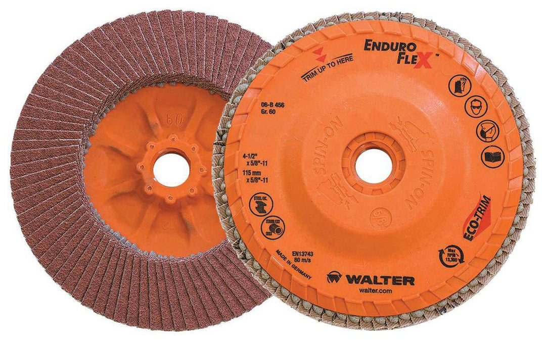 Walter Enduro-Flex 06-B 456 Type 27S Zirconia Alumina Flap Disc, 4.5-inch, 5/8-inch arbor, 60 grit for grinding and finishing.