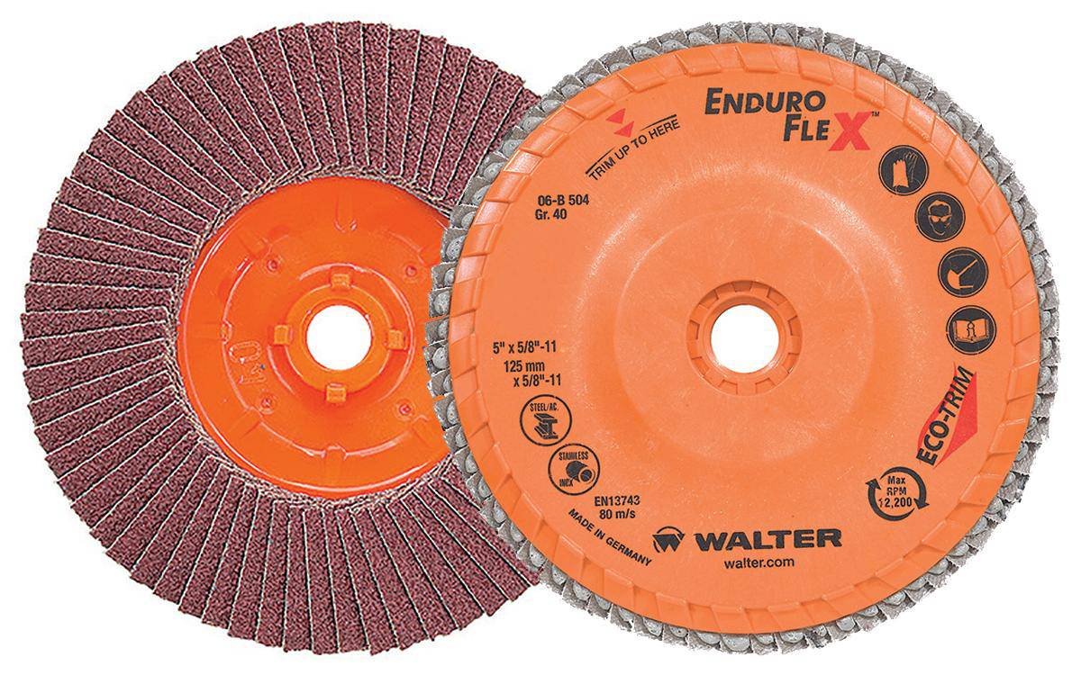 Walter Enduro-Flex 06-B 504 Type 27S zirconia alumina flap disc, 5 inch by 5/8 inch, with 40 grit abrasive for grinding and finishing.