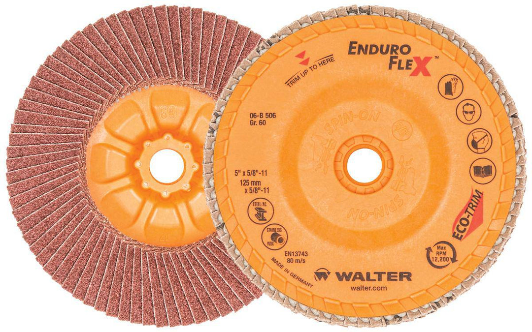 WALTER Enduro-Flex 06-B 506 5-inch x 5/8-inch Type 27 flap disc with 60 grit zirconia alumina abrasive on a grinding machine.
