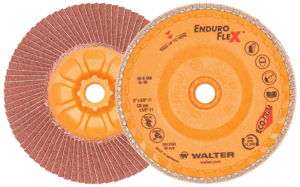 Walter Enduro-Flex 06-B 508 Type 27S zirconia alumina flap disc, 5 inch x 5/8 inch, 80 grit for grinding and finishing.