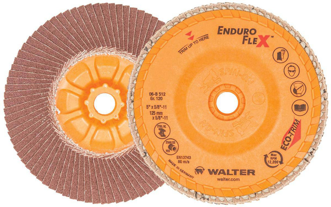 WALTER Enduro-Flex 06-B 512 Type 27S zirconia alumina flap disc, 5-inch by 5/8 inch, with 120 grit for grinding and finishing.