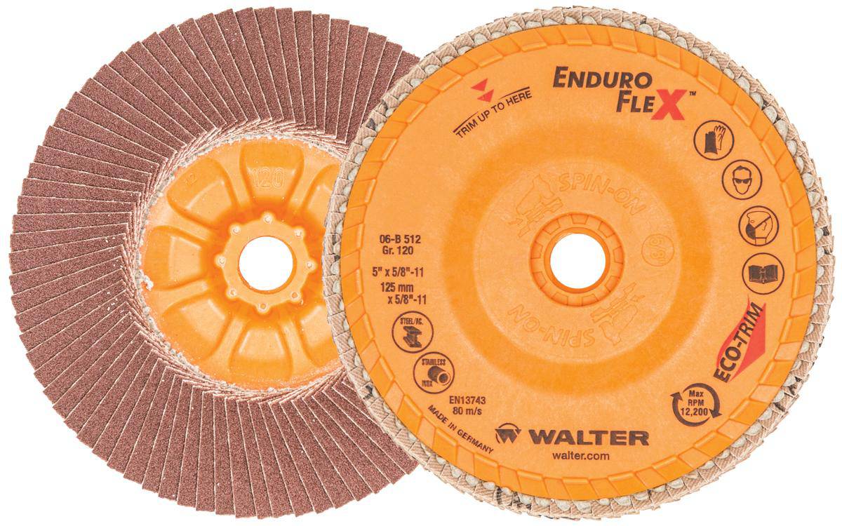 WALTER Enduro-Flex 06-B 512 Type 27S zirconia alumina flap disc, 5-inch by 5/8 inch, with 120 grit for grinding and finishing.