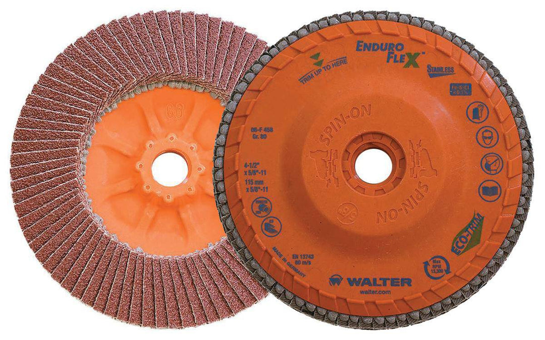 Walter Enduro-Flex 06-F 458 Type 27 stainless flap disc, 4.5-inch, 80 grit for grinding and finishing metal surfaces.