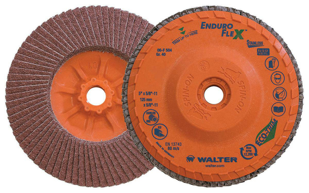 Walter Enduro-Flex 06-F 504 Type 27S stainless flap disc, 5 inch x 5/8 inch, 40 grit for grinding and finishing applications.