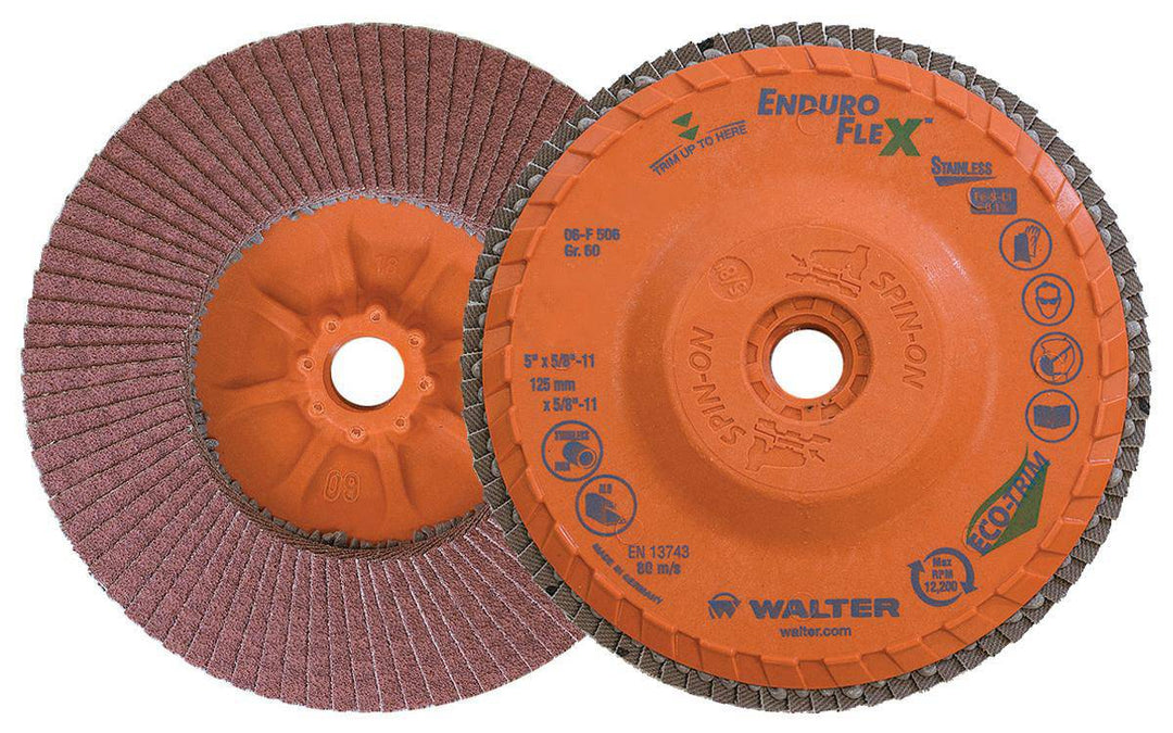 WALTER Enduro-Flex 06-F 506 stainless steel Type 27 flap disc, 5 inch diameter, 60 grit for grinding and finishing.