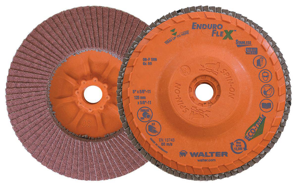 WALTER Enduro-Flex 06-F 506 stainless steel Type 27 flap disc, 5 inch diameter, 60 grit for grinding and finishing.