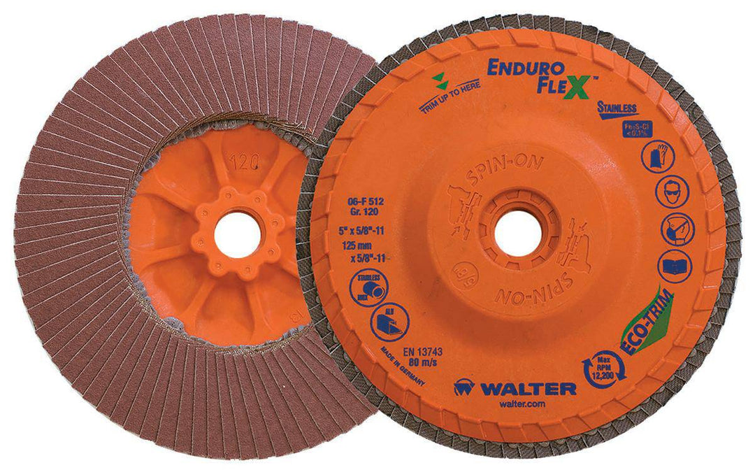 WALTER Enduro-Flex 06-F 512 stainless flap disc, 5 inch x 5/8 inch, Type 27S, 120 grit for grinding and finishing.