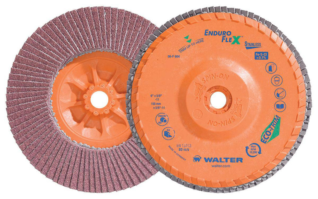 WALTER Enduro-Flex 06-F 604 Type 27S stainless steel flap disc, 6-inch, 40 grit, with depressed center for grinding and finishing.