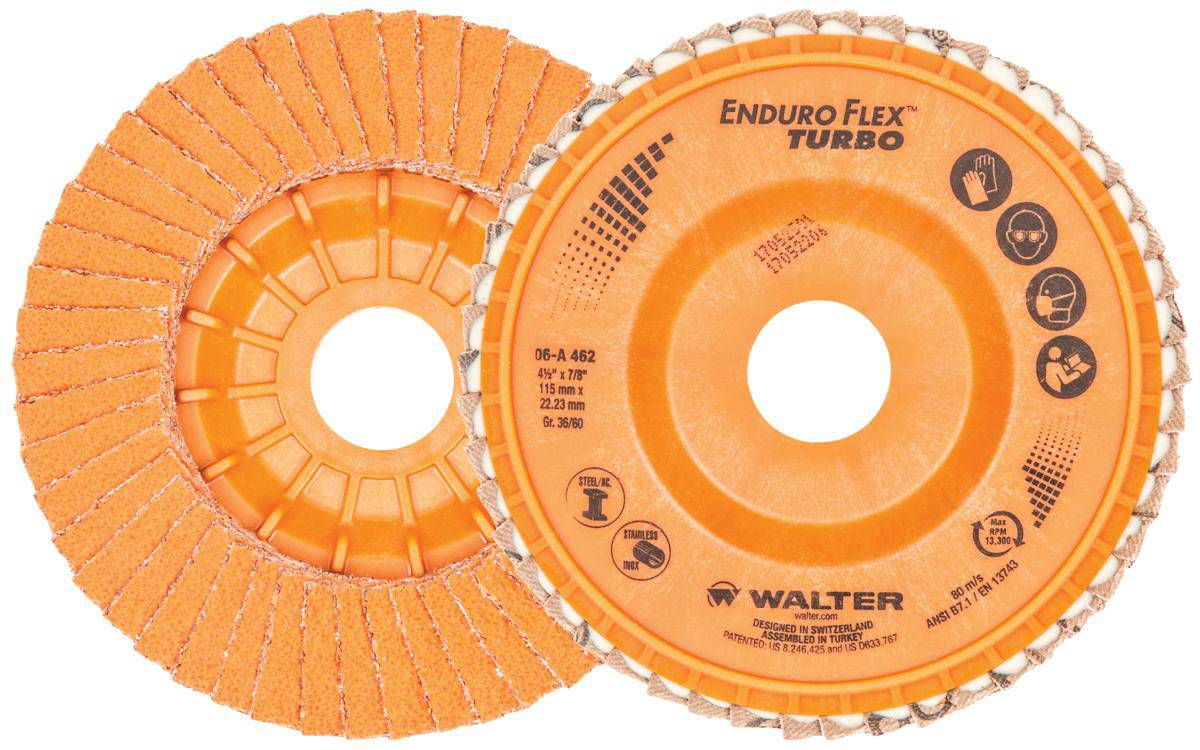 Walter Enduro-Flex 06A462 Type 27 turbo flap disc, 4.5-inch by 7/8-inch, with 36/60 grit for grinding and finishing.
