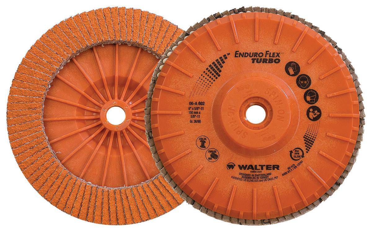 WALTER Enduro-Flex Turbo Flap Disc 6-inch x 5/8-inch, Type 27S, 36/60 grit for grinding and finishing metal surfaces.