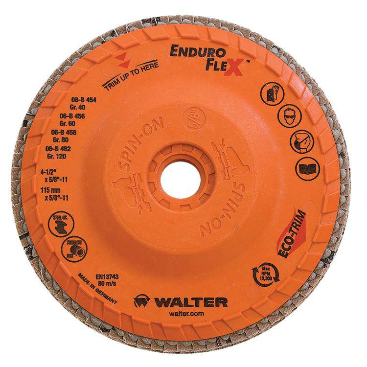 WALTER Enduro-Flex 06B462 Type 27S zirconia alumina flap disc, 4.5 inch x 5/8 inch, with 120 grit for grinding and finishing.