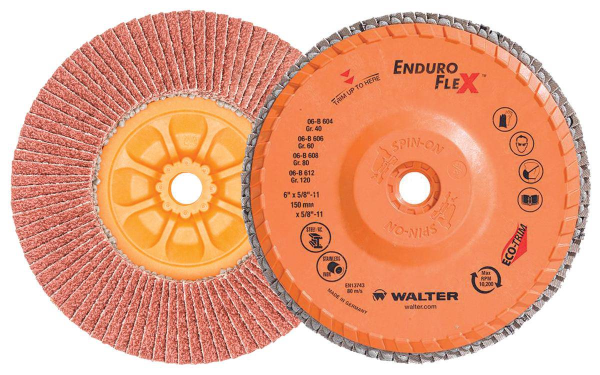 WALTER Enduro-Flex 06B604 6-inch zirconia alumina flap disc with Type 27S design and 40 grit for grinding and finishing.