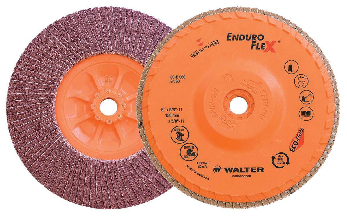 WALTER Enduro-Flex 06B606 6-inch Type 27S zirconia alumina flap disc with 60 grit for metal grinding and finishing.