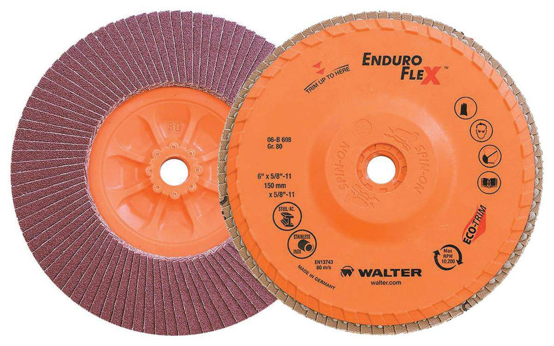 Walter Enduro-Flex 06B608 6-inch x 5/8-inch Type 27S zirconia alumina flap disc with 80 grit for grinding and finishing applications.