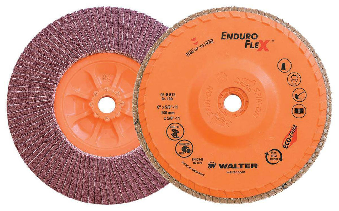 WALTER Enduro-Flex 06B612 6-inch Type 27S zirconia alumina flap disc with 120 grit for grinding and finishing applications.