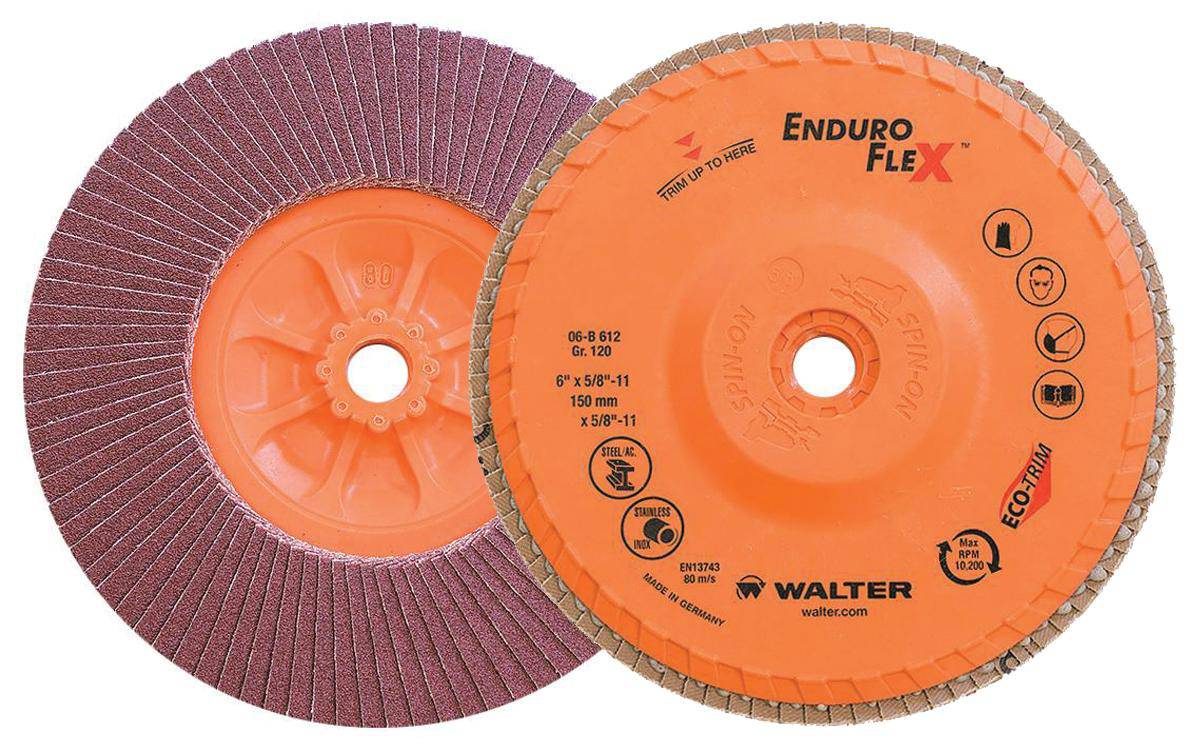 WALTER Enduro-Flex 06B612 6-inch Type 27S zirconia alumina flap disc with 120 grit for grinding and finishing applications.