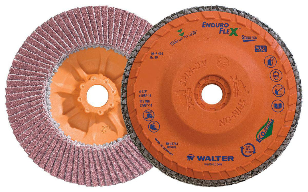 WALTER Enduro-Flex 06F454 stainless steel flap disc, 4.5 inch, 5/8 inch arbor, Type 27S, 40 grit for grinding and finishing.