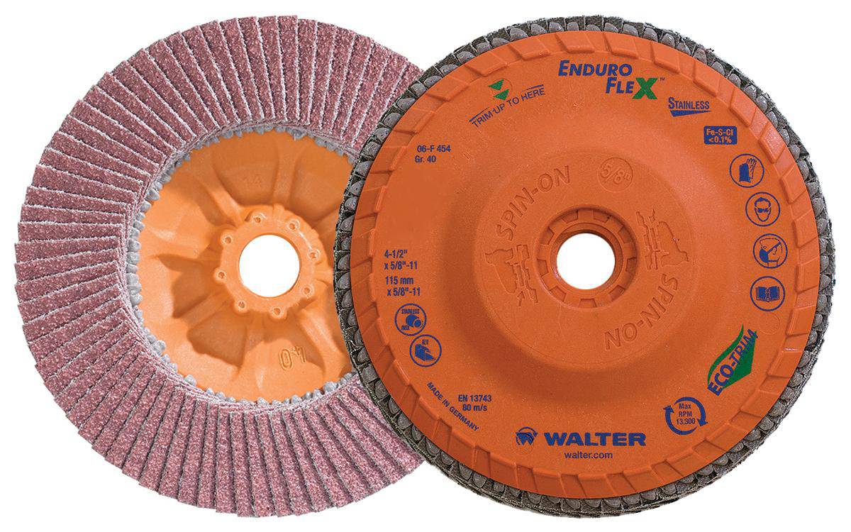WALTER Enduro-Flex 06F454 stainless steel flap disc, 4.5 inch, 5/8 inch arbor, Type 27S, 40 grit for grinding and finishing.
