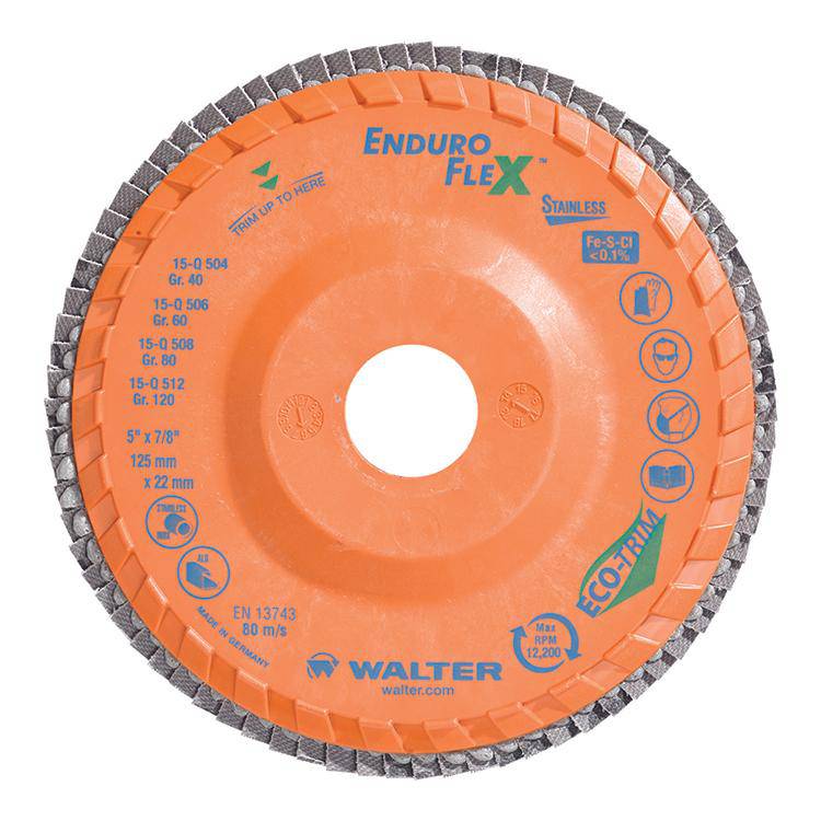 WALTER Enduro-Flex 15-Q 504 Type 27 stainless steel flap disc, 5-inch diameter, 40 grit for grinding and finishing.