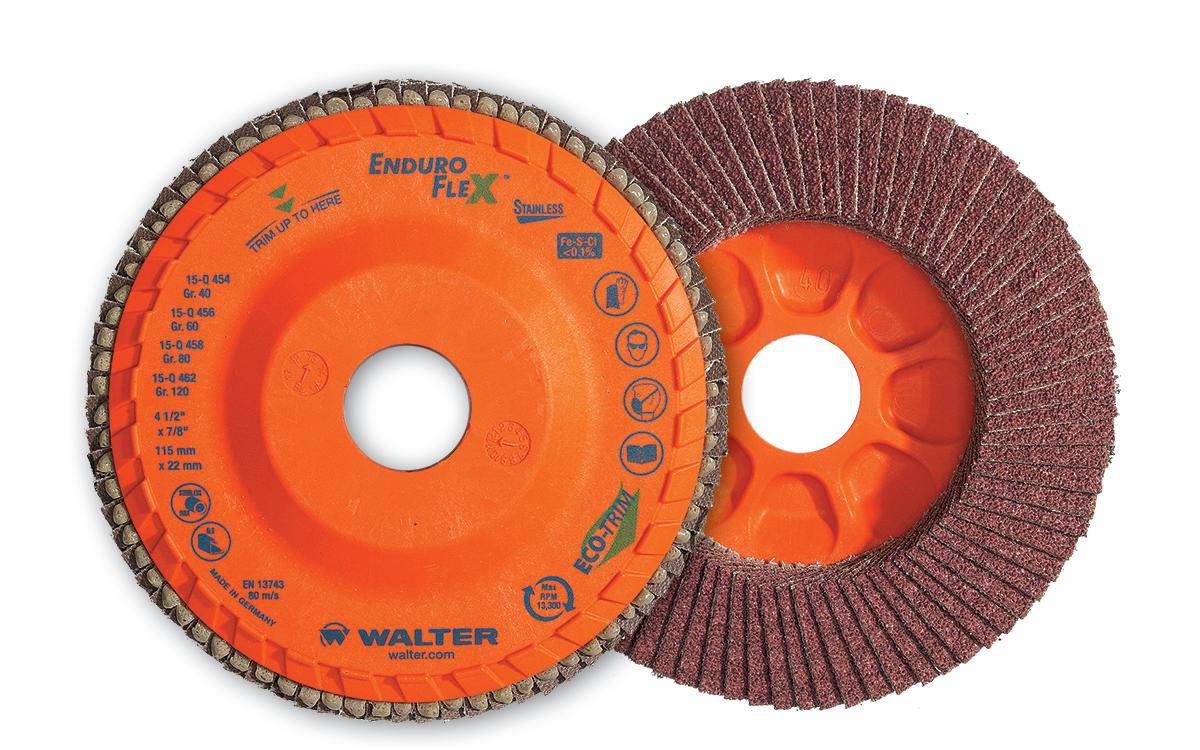 WALTER Enduro-Flex 15Q508 stainless steel flap disc, 5-inch by 7/8-inch, Type 27, 80 grit for grinding and finishing metal surfaces.