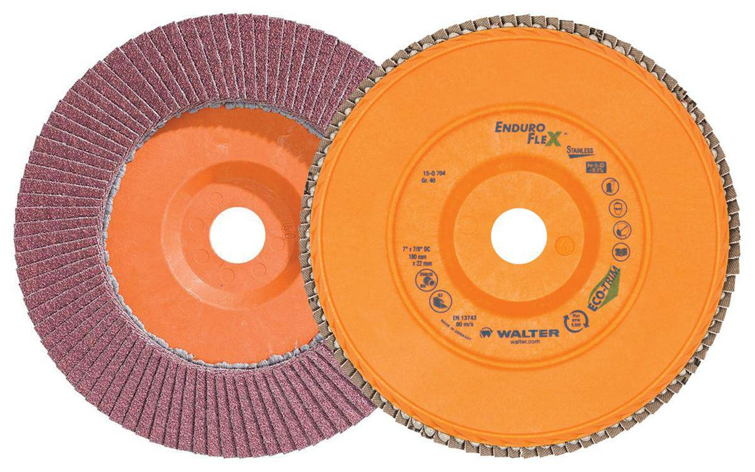WALTER Enduro-Flex 15Q704 Type 27 flap disc, 7 inch by 7/8 inch, with 40 grit abrasive for grinding and finishing.