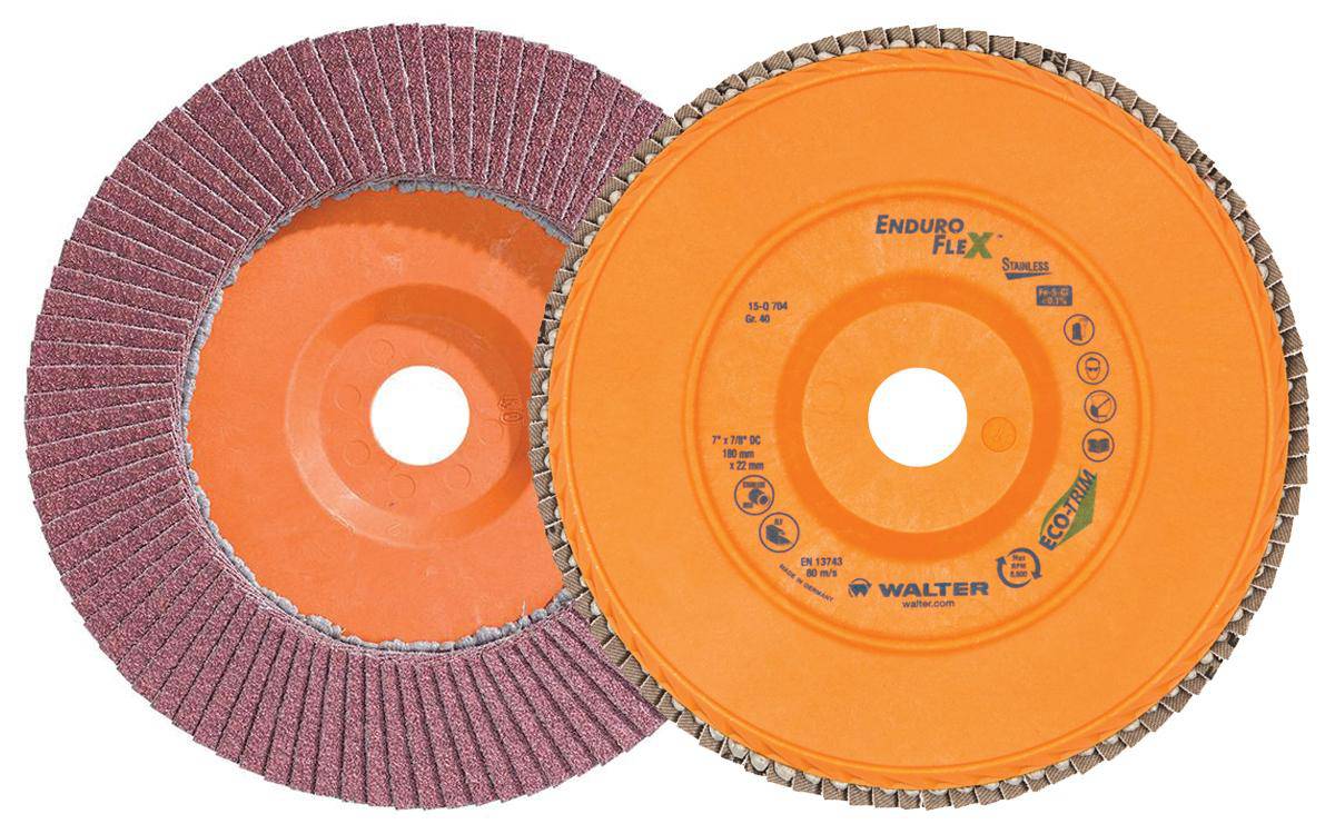 WALTER Enduro-Flex 15Q704 Type 27 flap disc, 7 inch by 7/8 inch, with 40 grit abrasive for grinding and finishing.